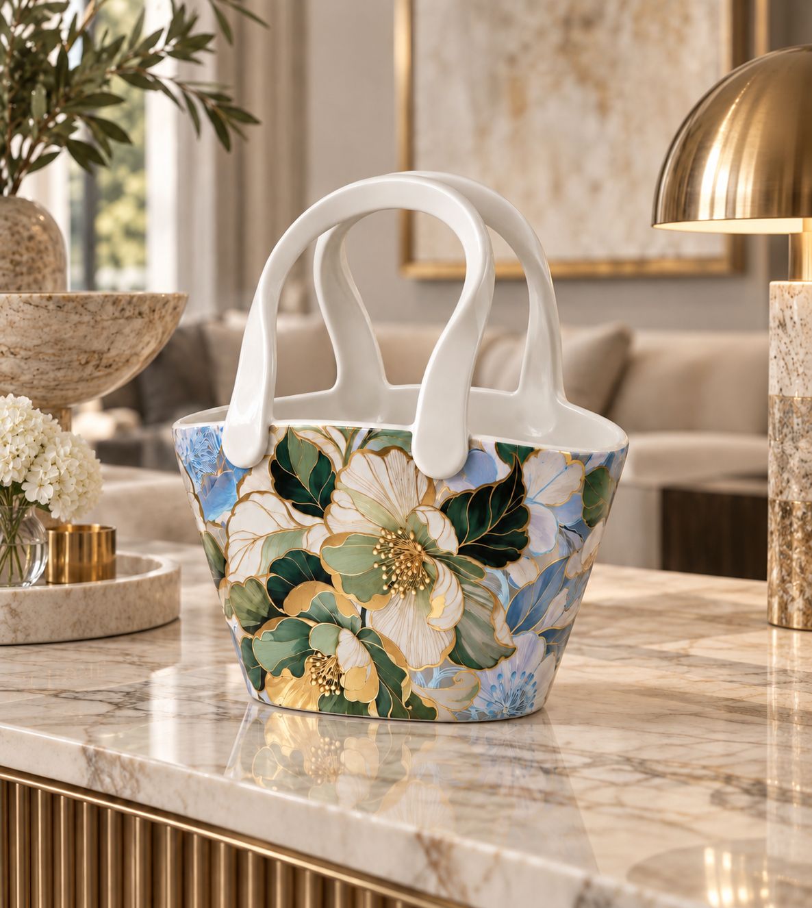 Basket vase with flowers on a marble worktop