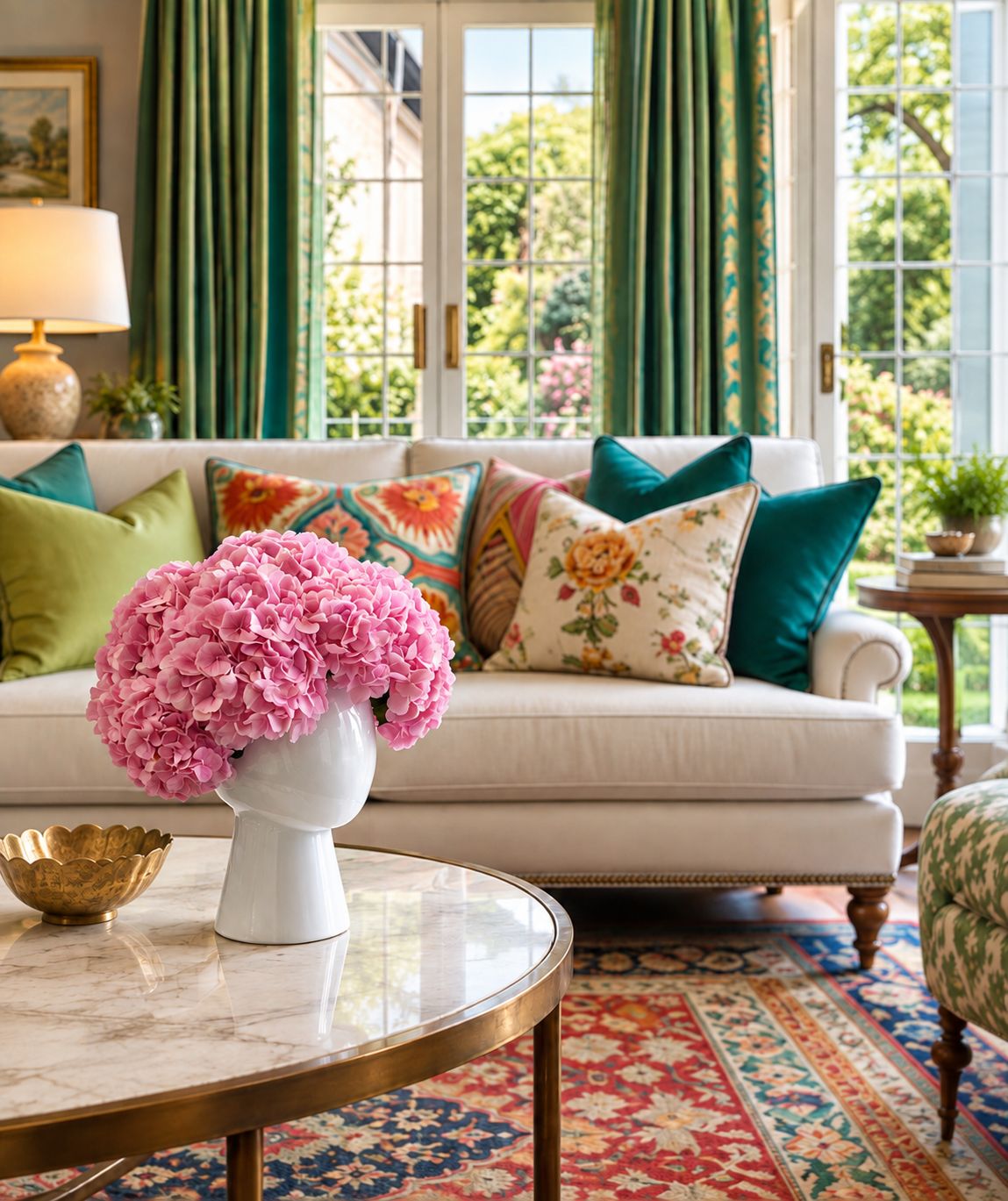 Head vase with peonies in a living room