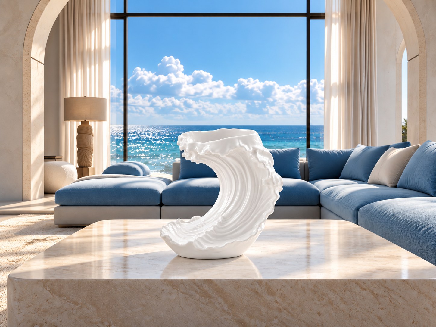 Wave vase in a living room overlooking the sea